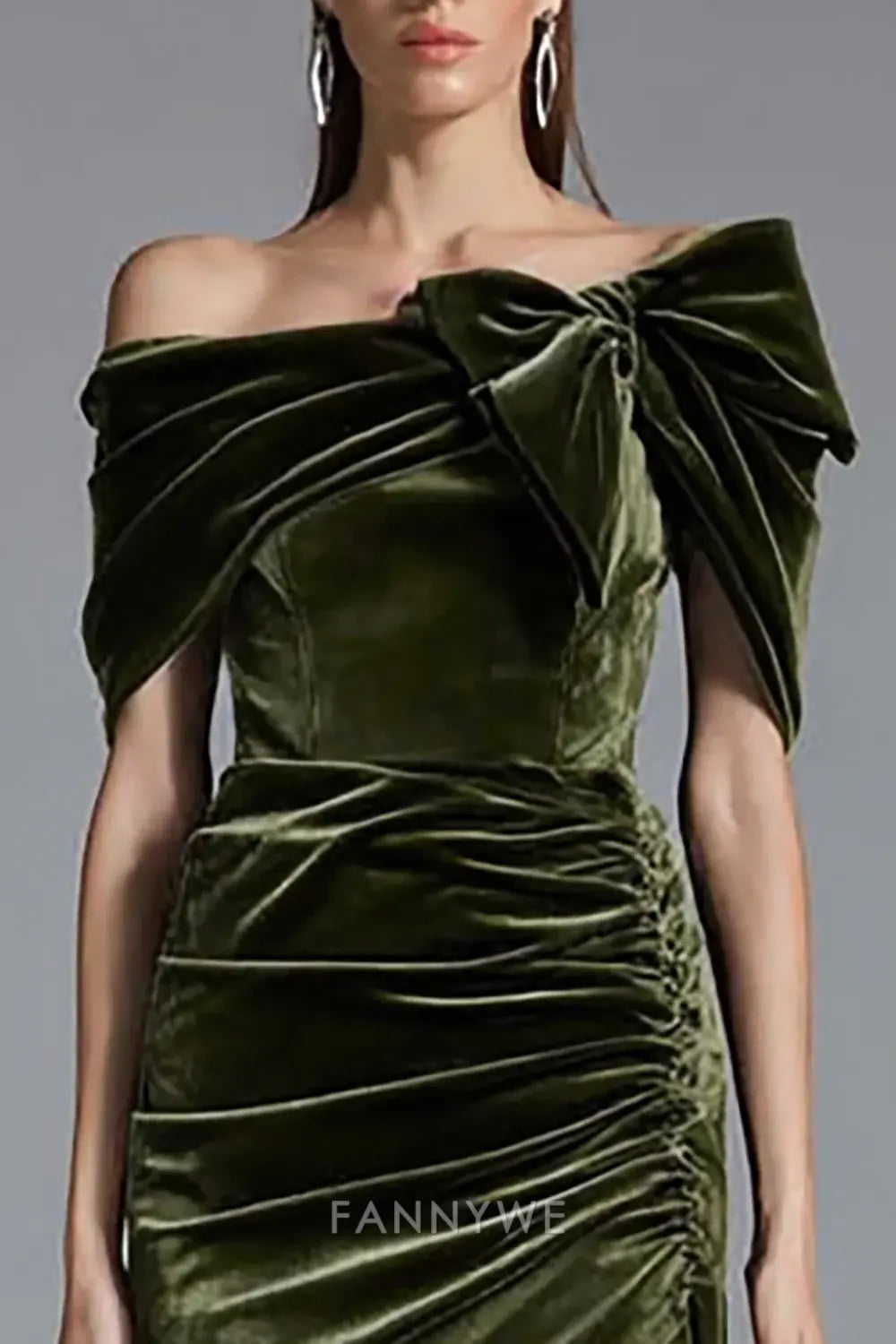 FannyWe Simple Olive Sheath Off the Shoulder Long Velvet Holiday Party Dress with Bow